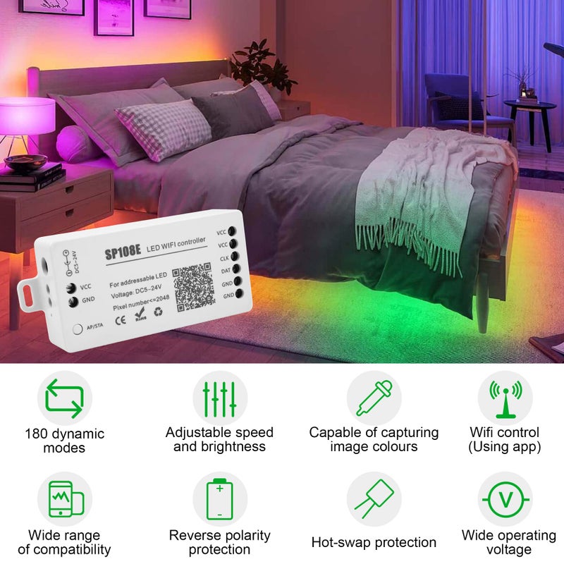 VIPMOON SP108E LED WiFi Controller, Wireless Remote Control for WS2811 WS2815 WS2801 SK6812 WS2813 SK9822 APA102C Addressable RGB LED Pixels Strip - Image 2